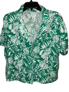 Nicole Miller Womens XL 100% Linen Tropical Button Down Collard Shirt